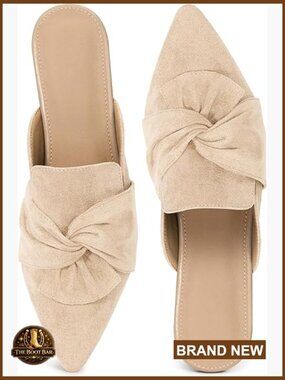 Elegant Pointed Toe Bow Suede Mules Slip-On Lightweight Office Flats